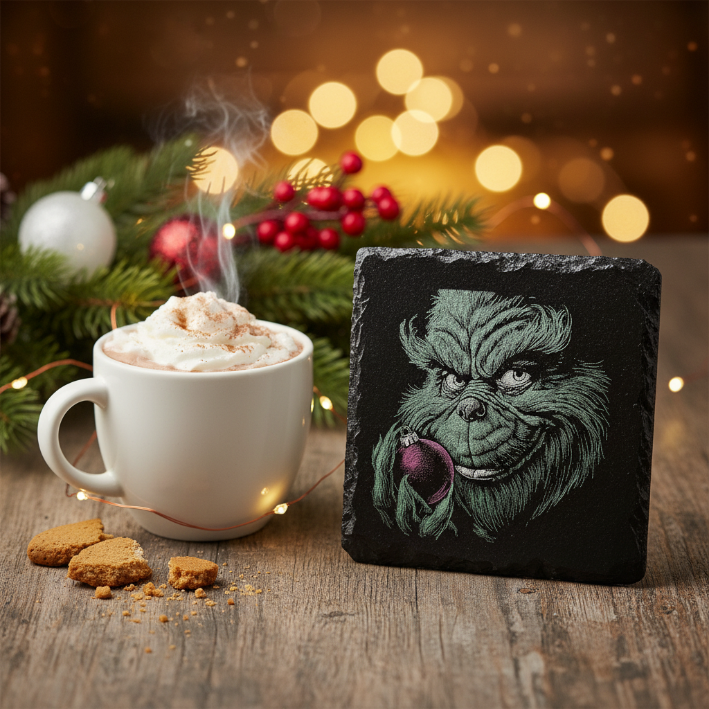 Laser Engraved Grinch with Christmas Ornament Slate Coaster