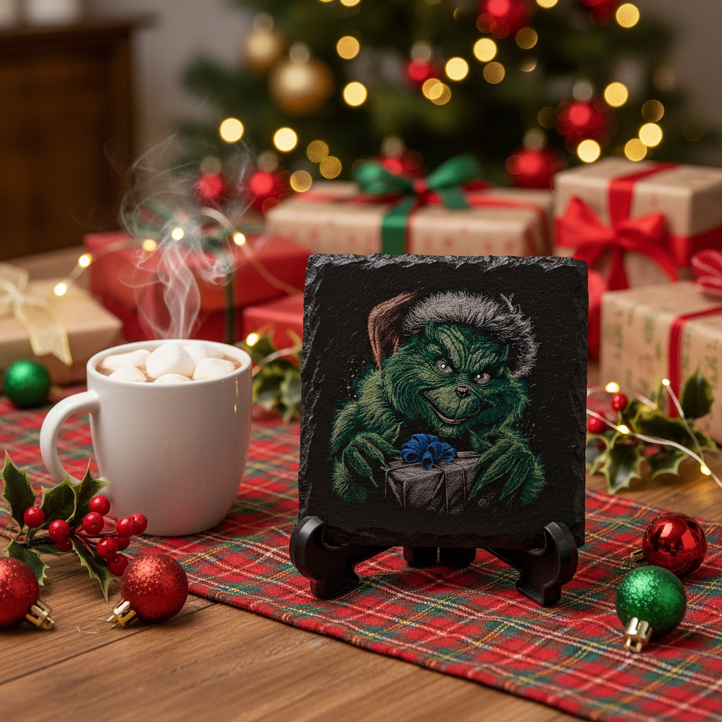 Laser Engraved Grinch with Present Slate Coaster
