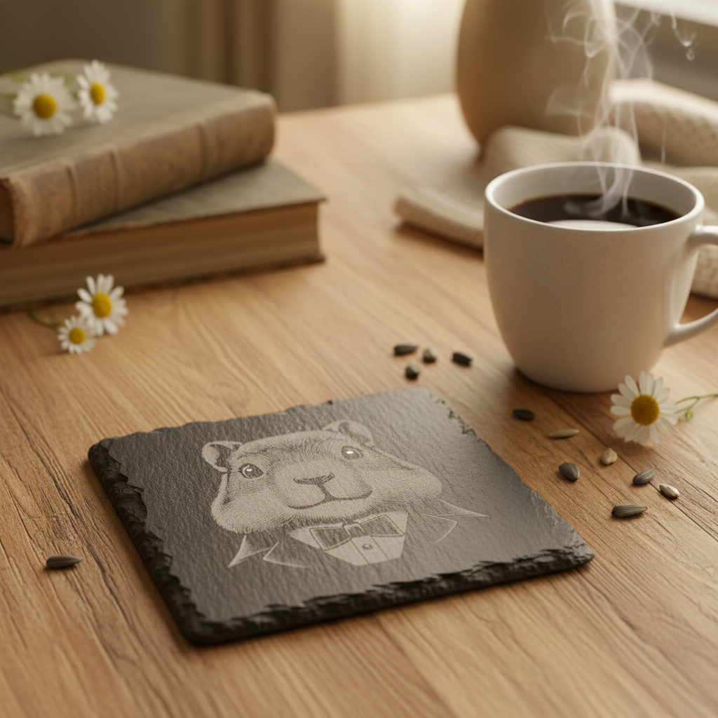 Laser Engraved Hamster in Tuxedo Slate Coaster