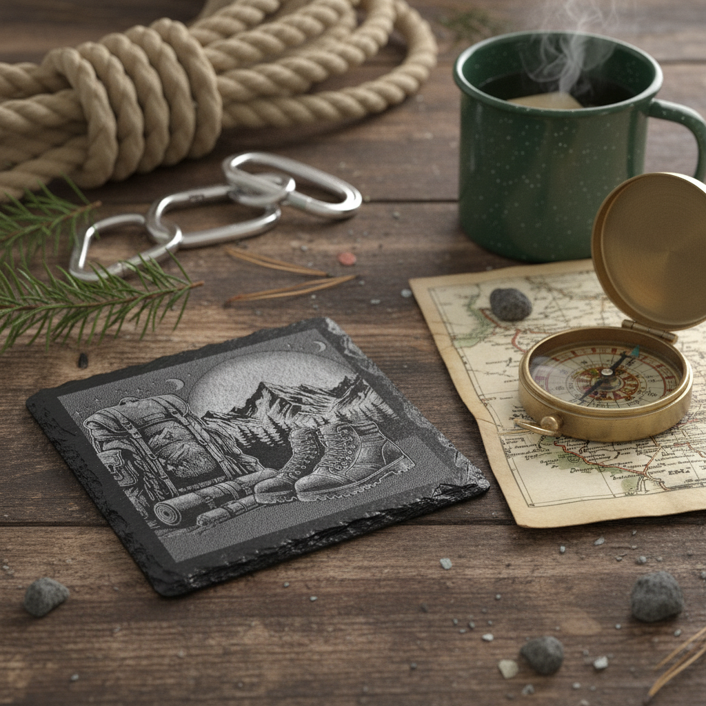 Laser Engraved Hiking Adventure Scene Slate Coaster