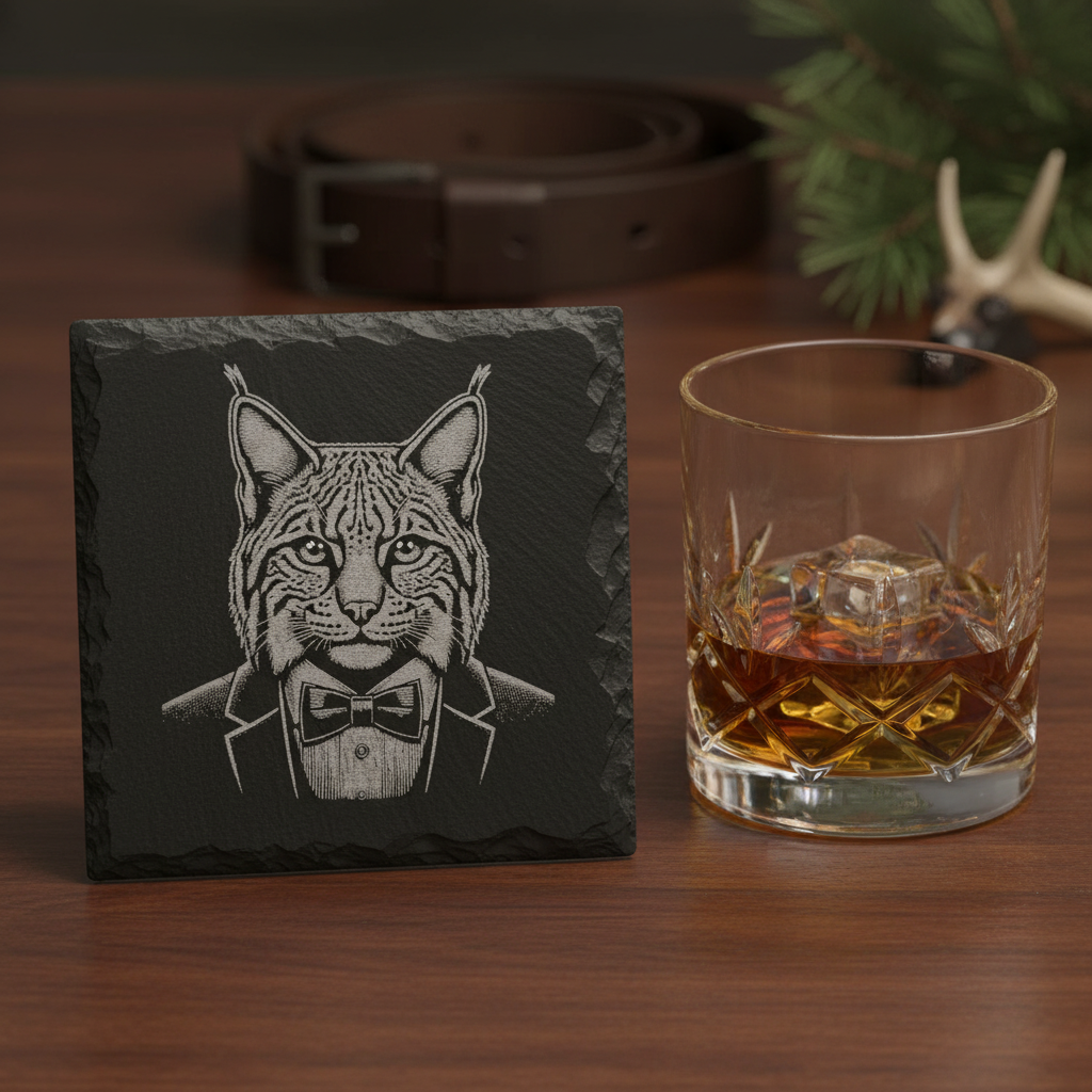 Laser Engraved Lynx in Tuxedo Slate Coaster