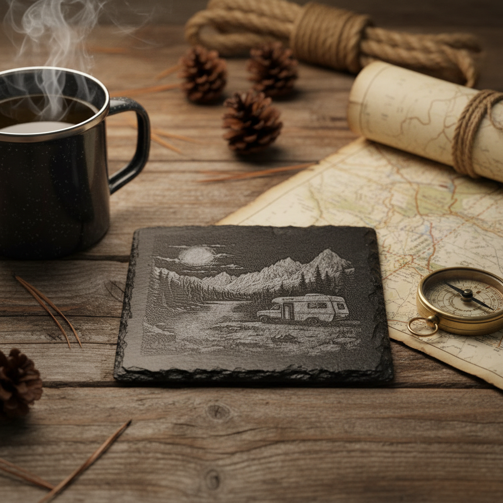 Laser Engraved Mountain Camping Scene with RV Slate Coaster