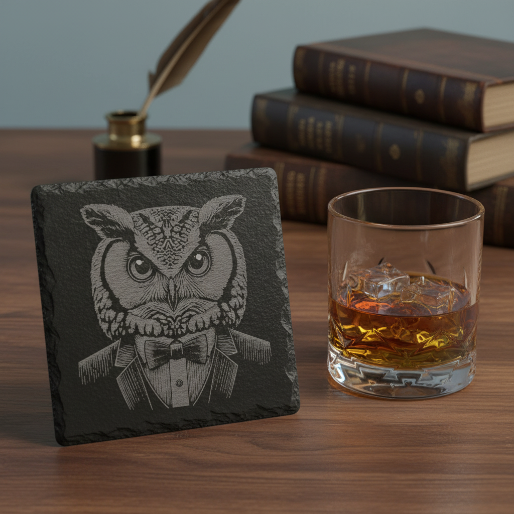 Laser Engraved Owl in Tuxedo Slate Coaster