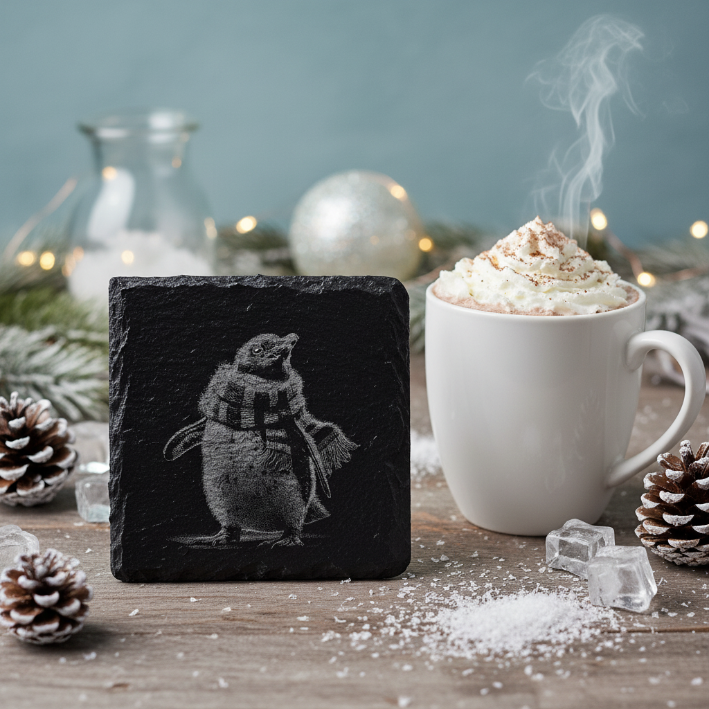 Laser Engraved Penguin in Winter Scarf Slate Coaster