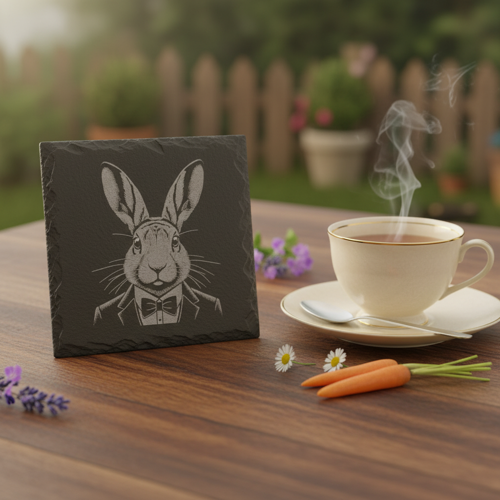Laser Engraved Rabbit in Tuxedo Slate Coaster