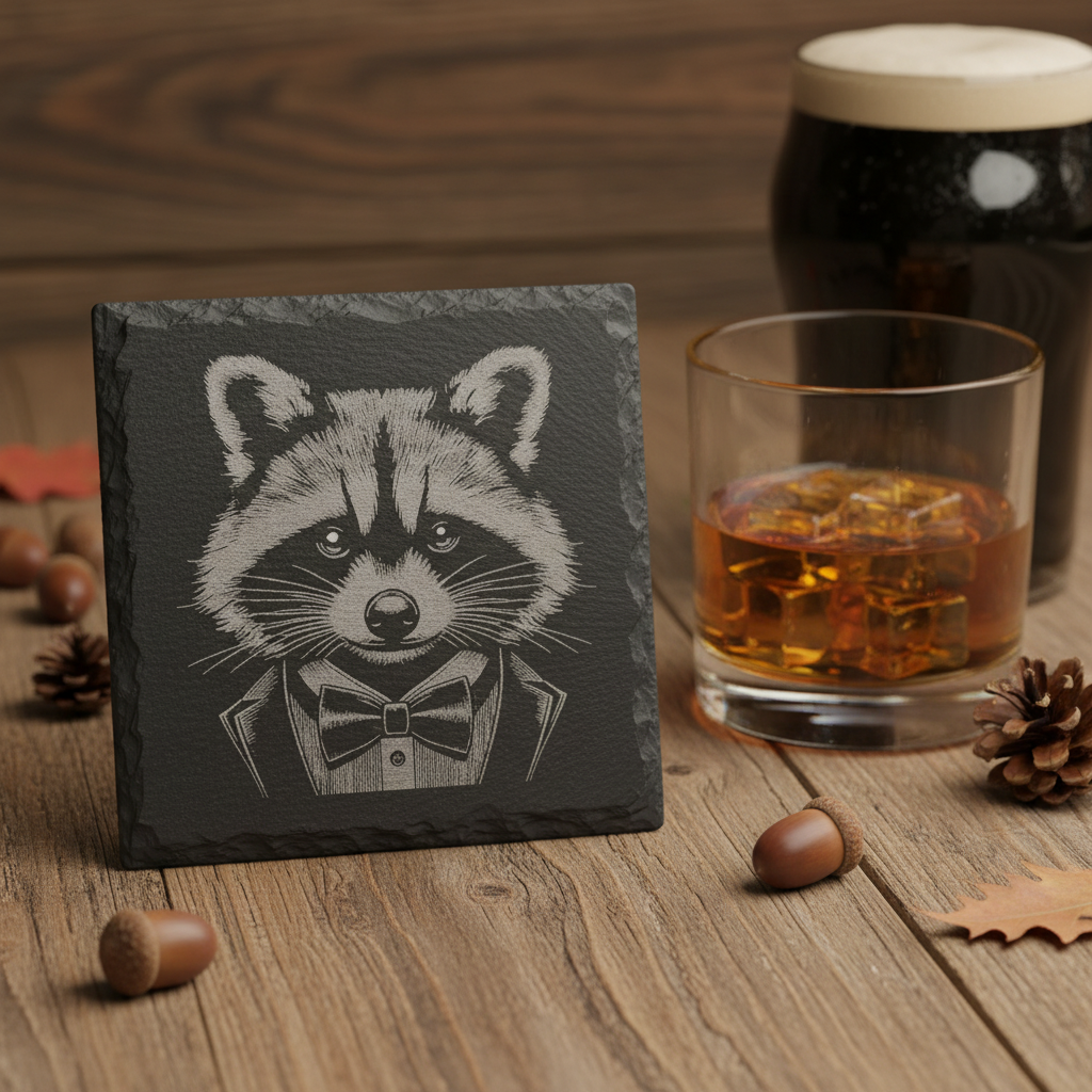 Laser Engraved Raccoon in Tuxedo Slate Coaster