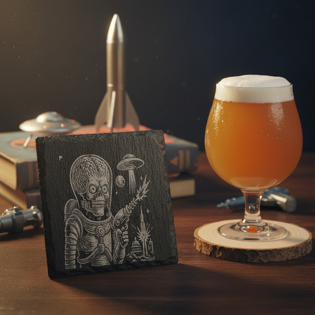 Laser Engraved Retro Sci-Fi Alien Skeleton Slate Coaster