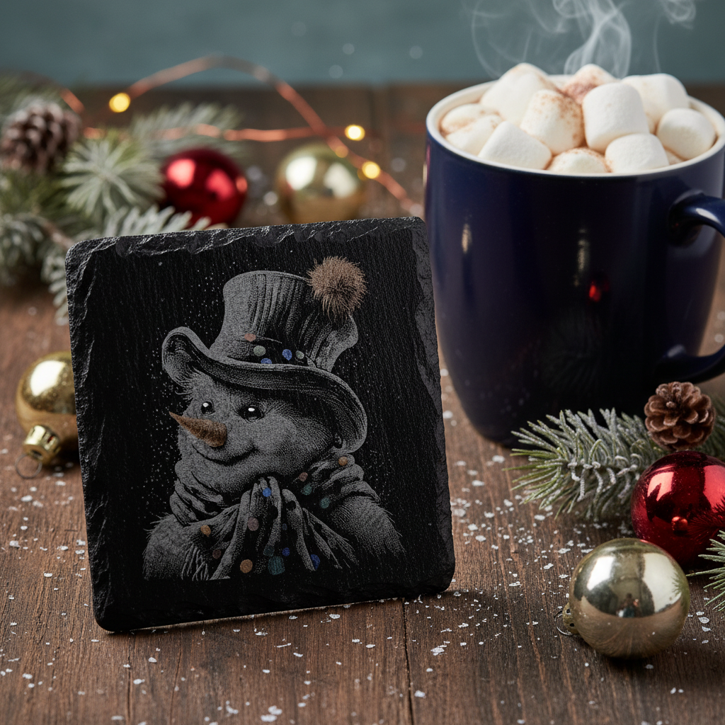 Laser Engraved Snowman in Top Hat Slate Coaster