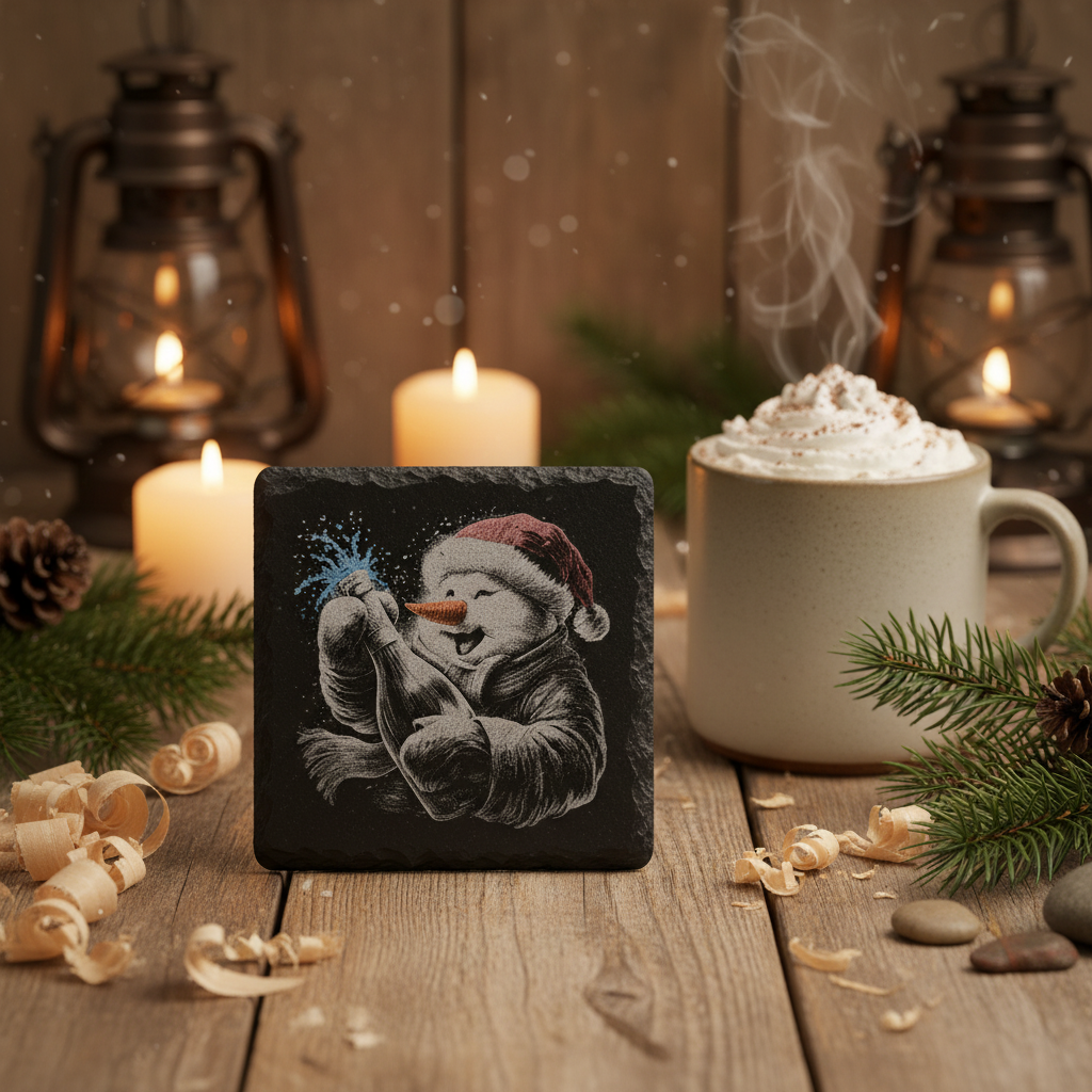 Laser Engraved Snowman with Lantern Slate Coaster