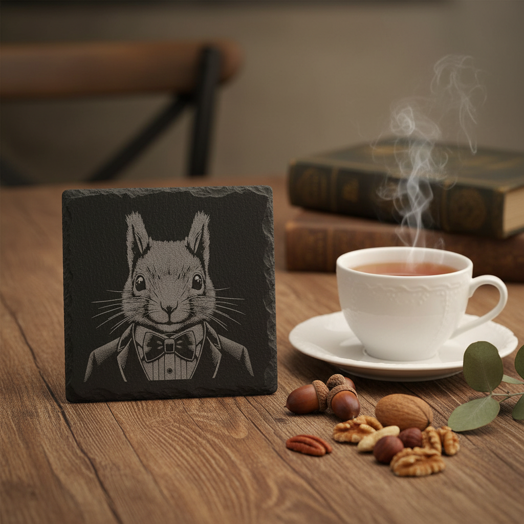 Laser Engraved Squirrel in Tuxedo Slate Coaster
