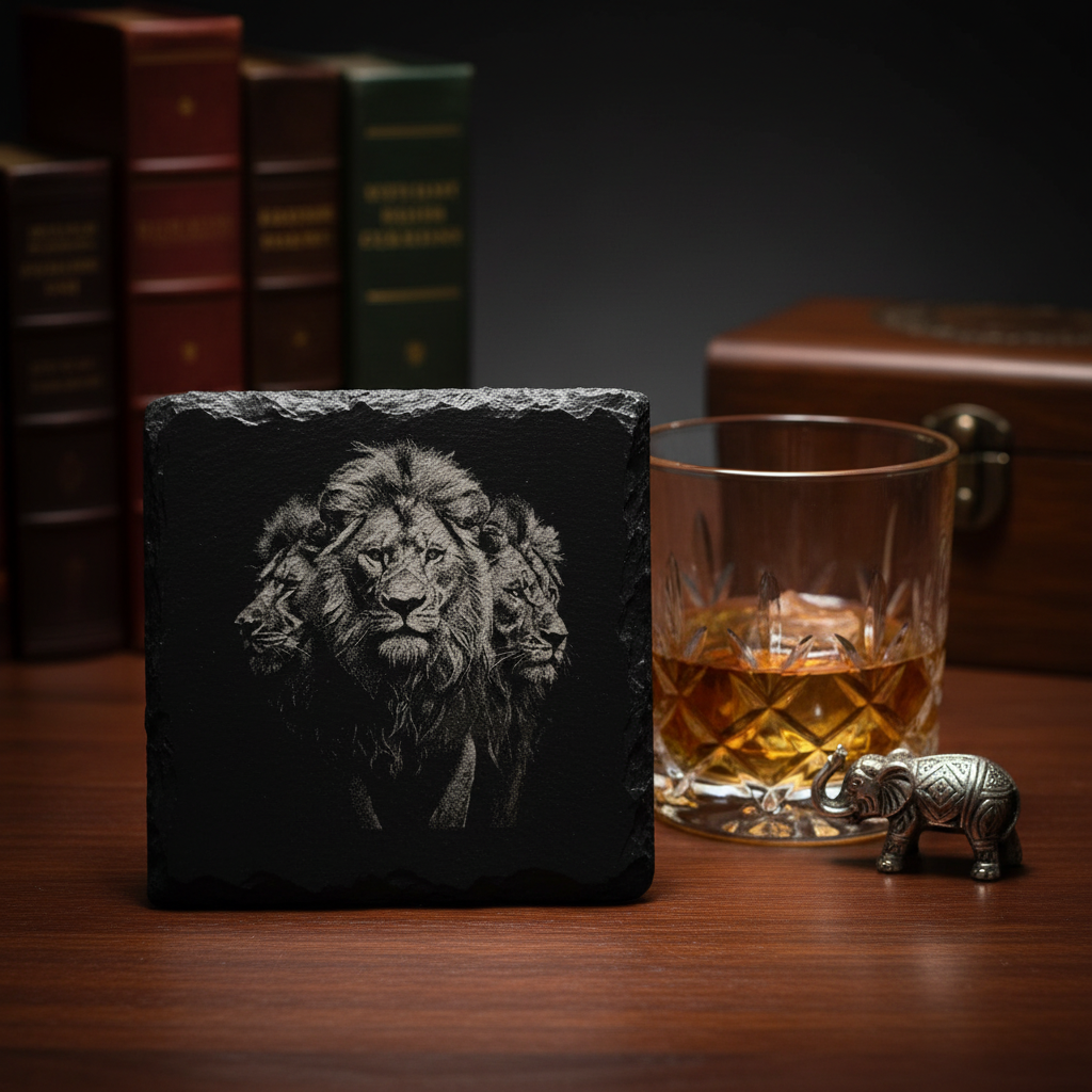 Laser Engraved Triple Lion Portrait Slate Coaster