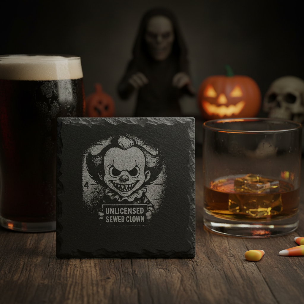 Laser Engraved Unlicensed Sewer Clown Slate Coaster