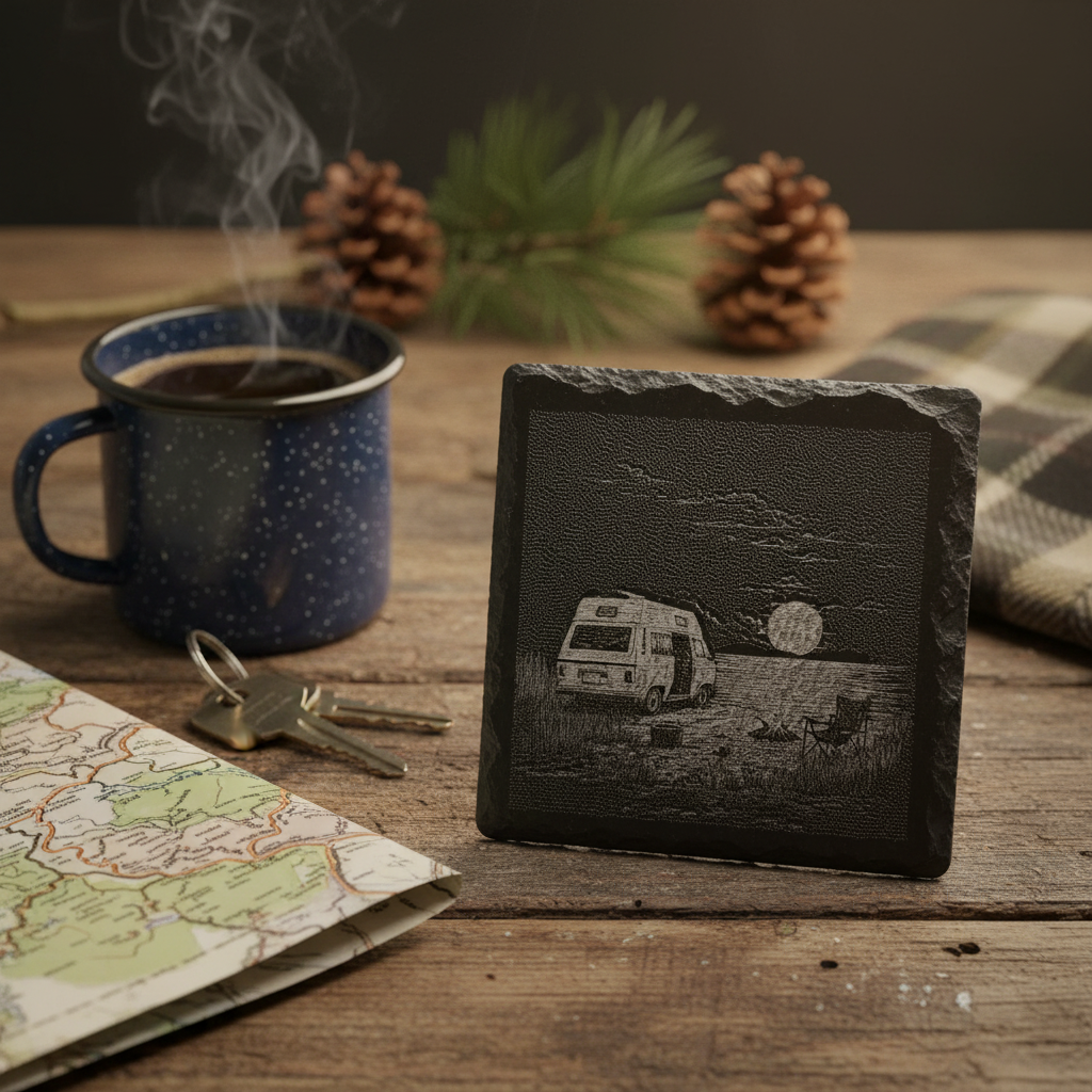 Laser Engraved Van Life Camping Scene Slate Coaster