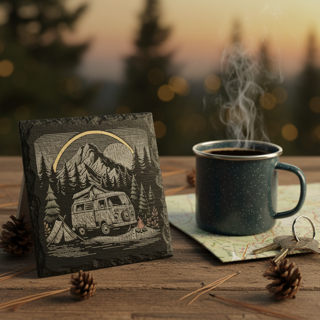 Laser Engraved Van Life Mountain Camping Scene Slate Coaster