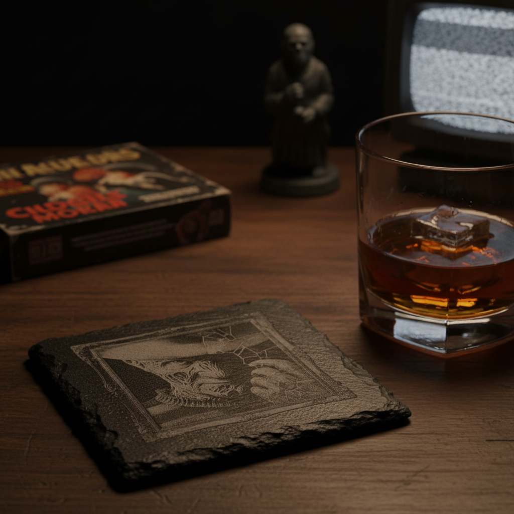 Laser Engraved Vintage TV Horror Scene Slate Coaster