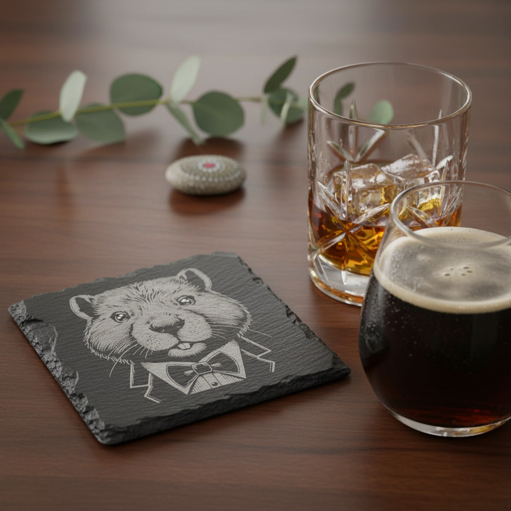 Laser Engraved Wombat in Tuxedo Slate Coaster