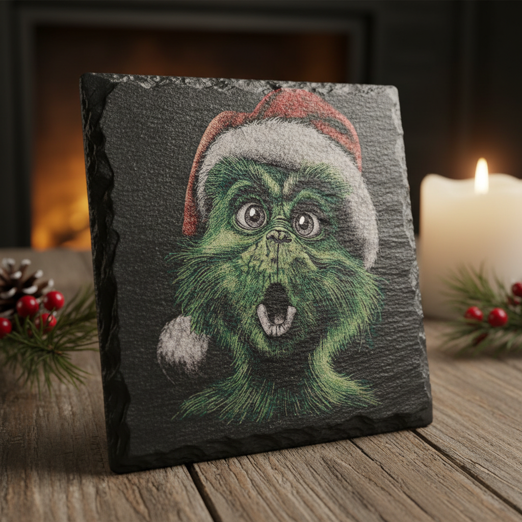 Professional Laser Engraved Slate Coaster with Surprised Grinch in Holiday Setting