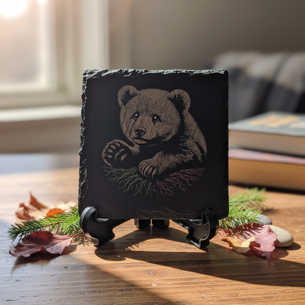 Slate coaster with bear cub engraving