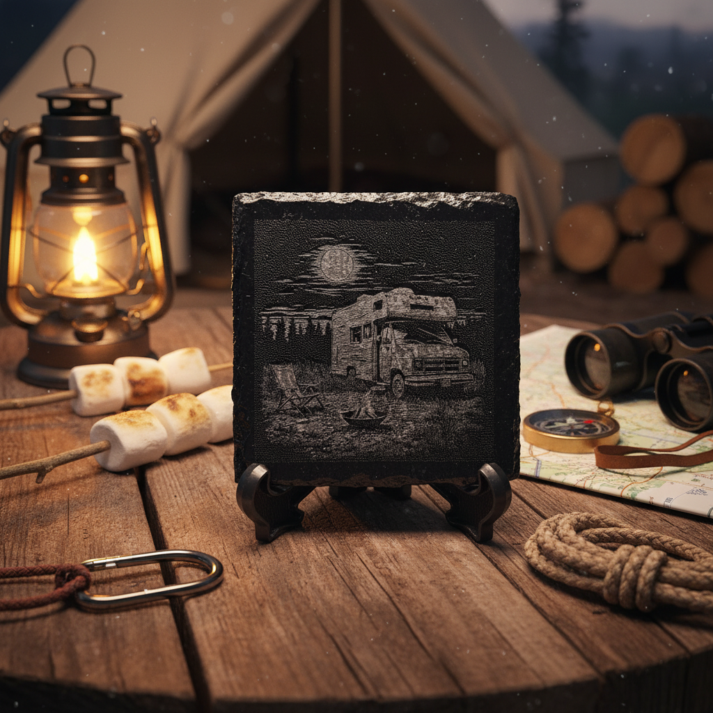 Slate coaster with camping scene engraving