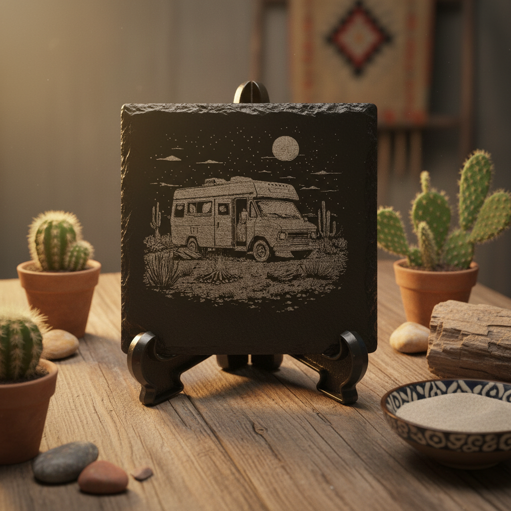 Slate coaster with desert camping scene engraving