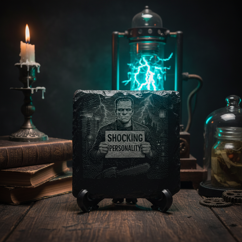 Slate coaster with Frankenstein Shocking Personality engraving