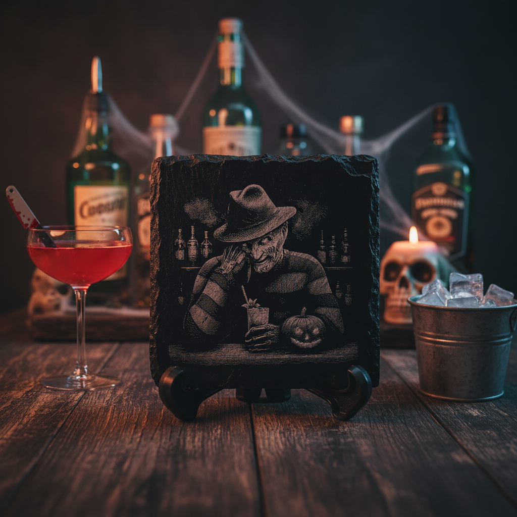 Slate coaster with Freddy Krueger bar scene engraving