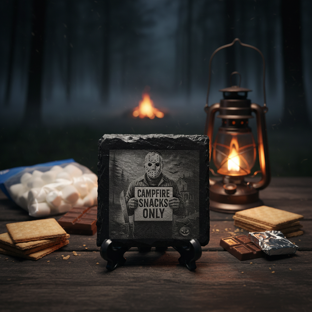 Slate coaster with Jason Campfire Snacks Only engraving