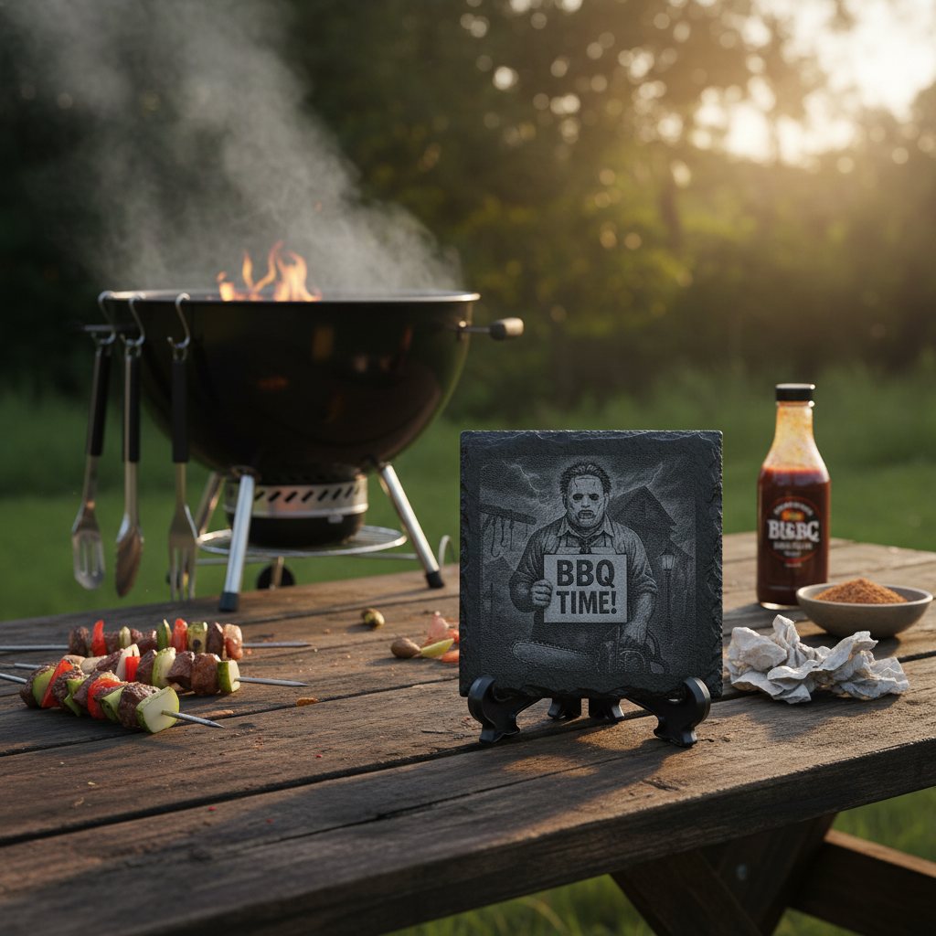 Slate coaster with Leatherface BBQ Time engraving