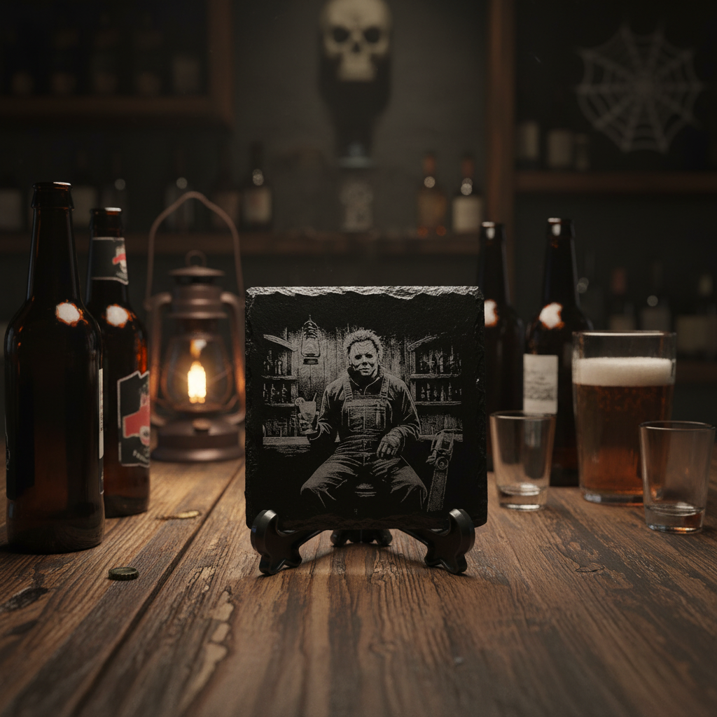 Slate coaster with Michael Myers bar scene engraving