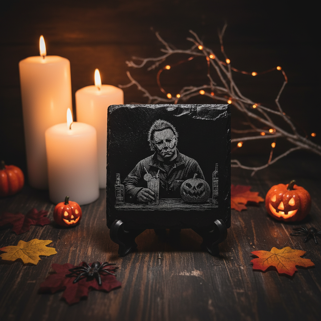 Slate coaster with Michael Myers Halloween scene engraving