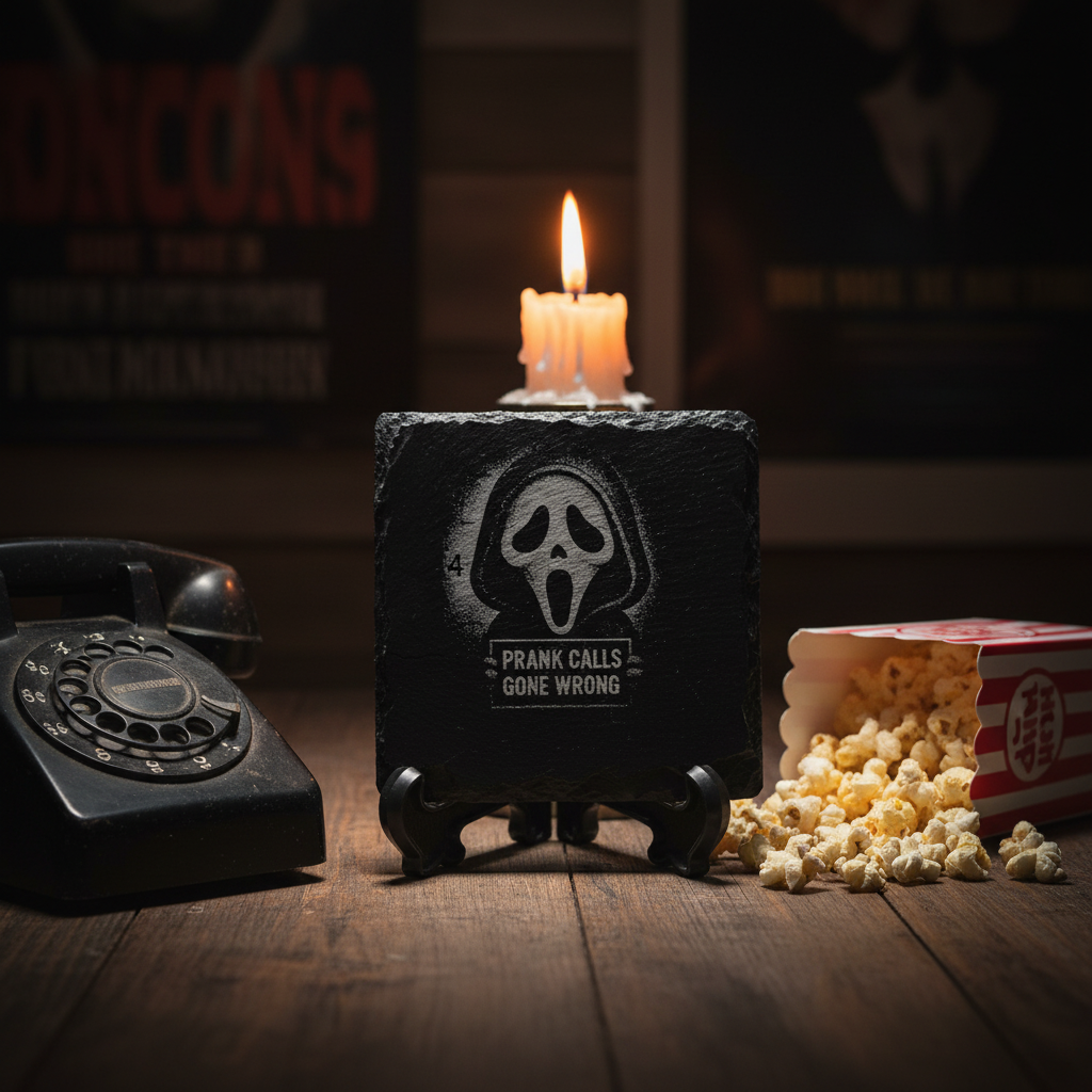 Slate coaster with Prank Calls Gone Wrong engraving